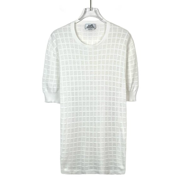 H9405 Hermes White hollow round neck cotton short sleeve L size